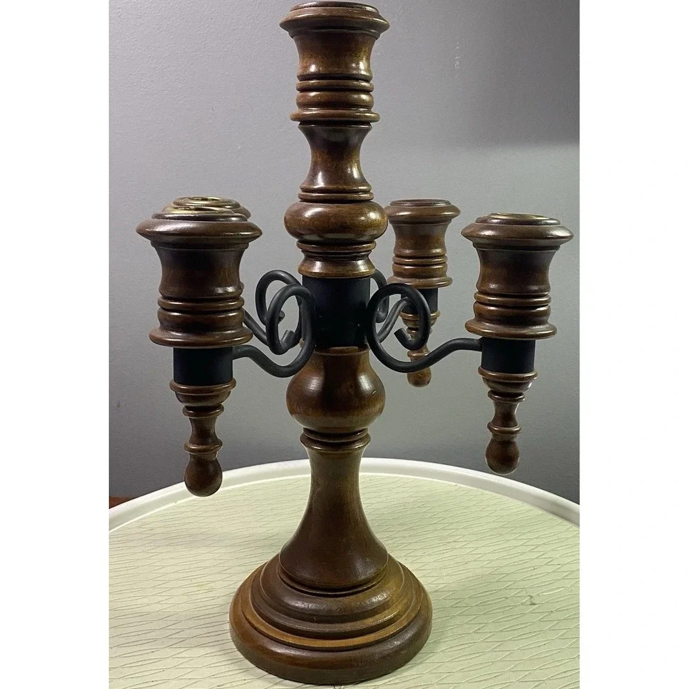 Vintage Wood&Black‎ Iron 5 Arm Candelabra CANDLE HOLDER Rustic Farmhouse 14